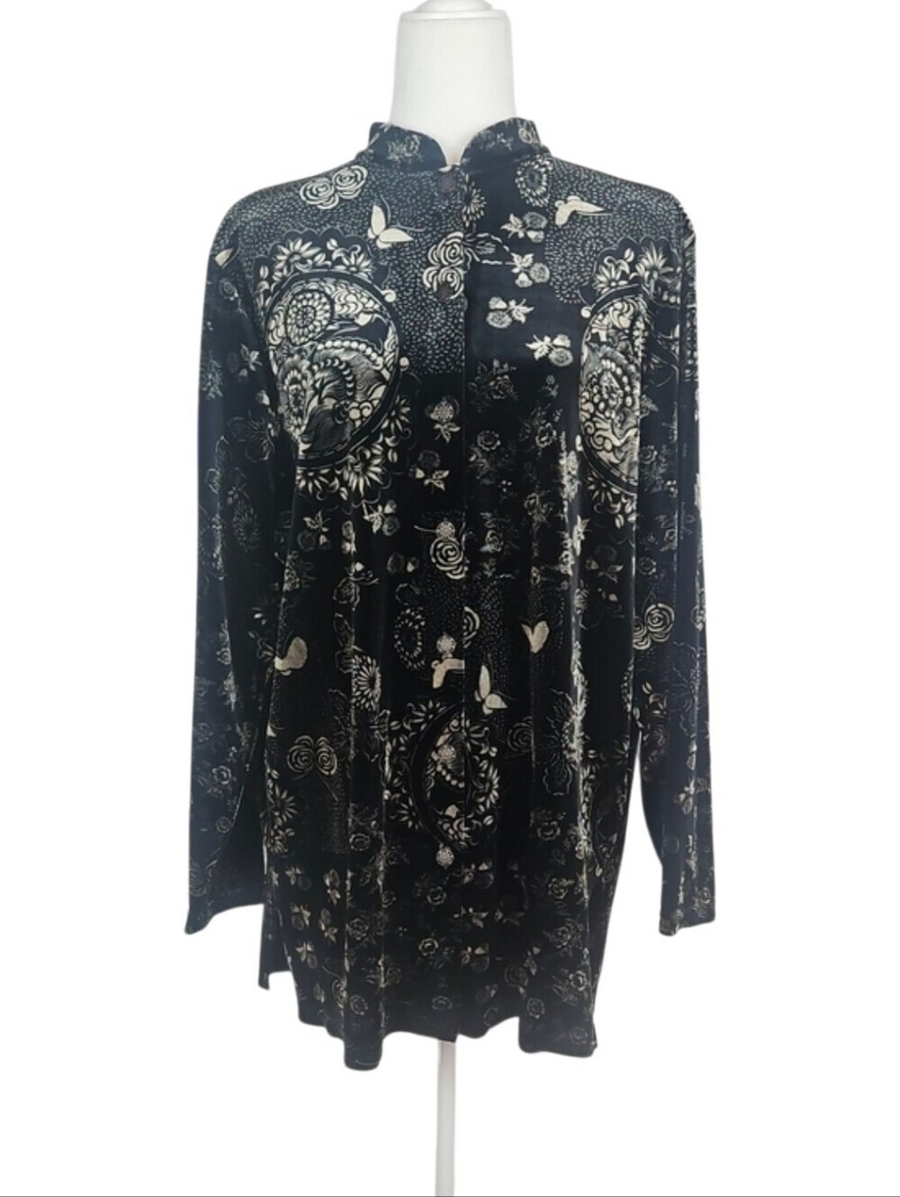 Vintage Notations Black Velour Asian Silver Metallic Button Down Dress Shirt 1X